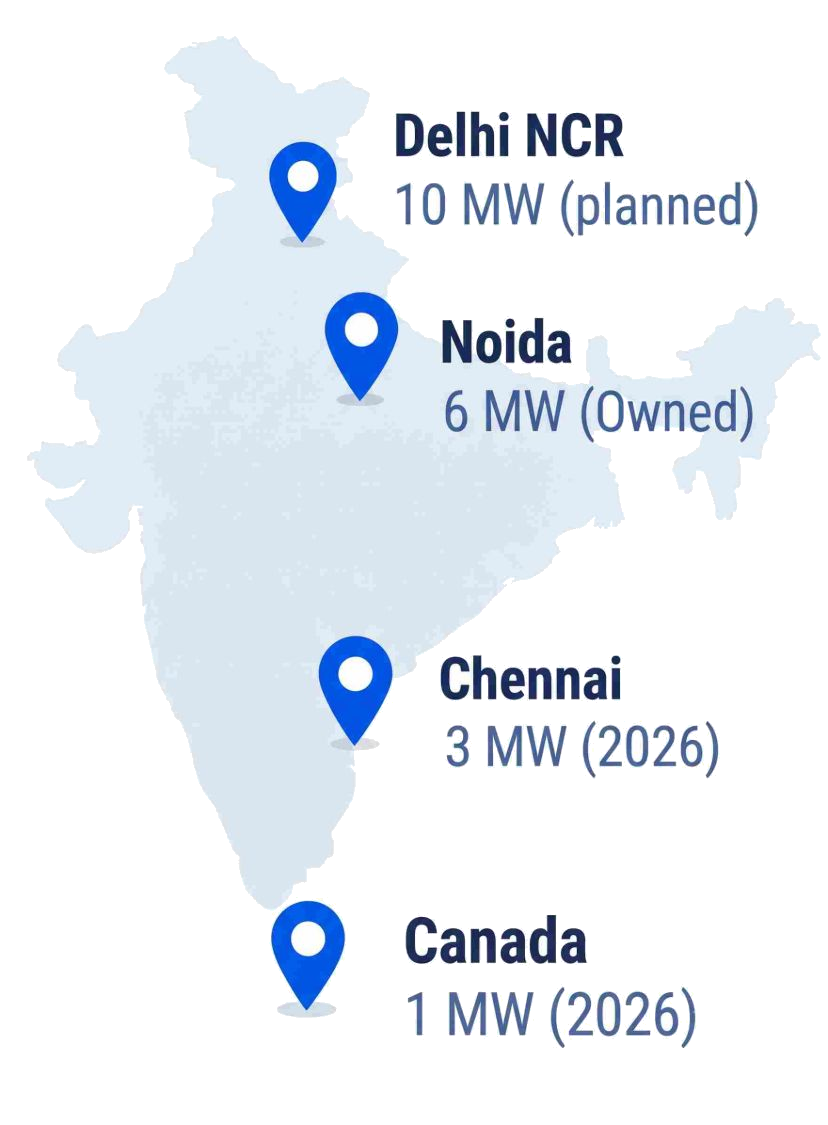 India map with Webyne sites: Delhi NCR 10 MW (planned), Noida 6 MW (Owned), Chennai 3 MW (2026), Canada 1 MW (2026)
